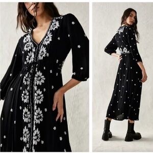 Free People Embroidered Fable Maxi Dress — Black White Floral Stitching 🕊️🖤